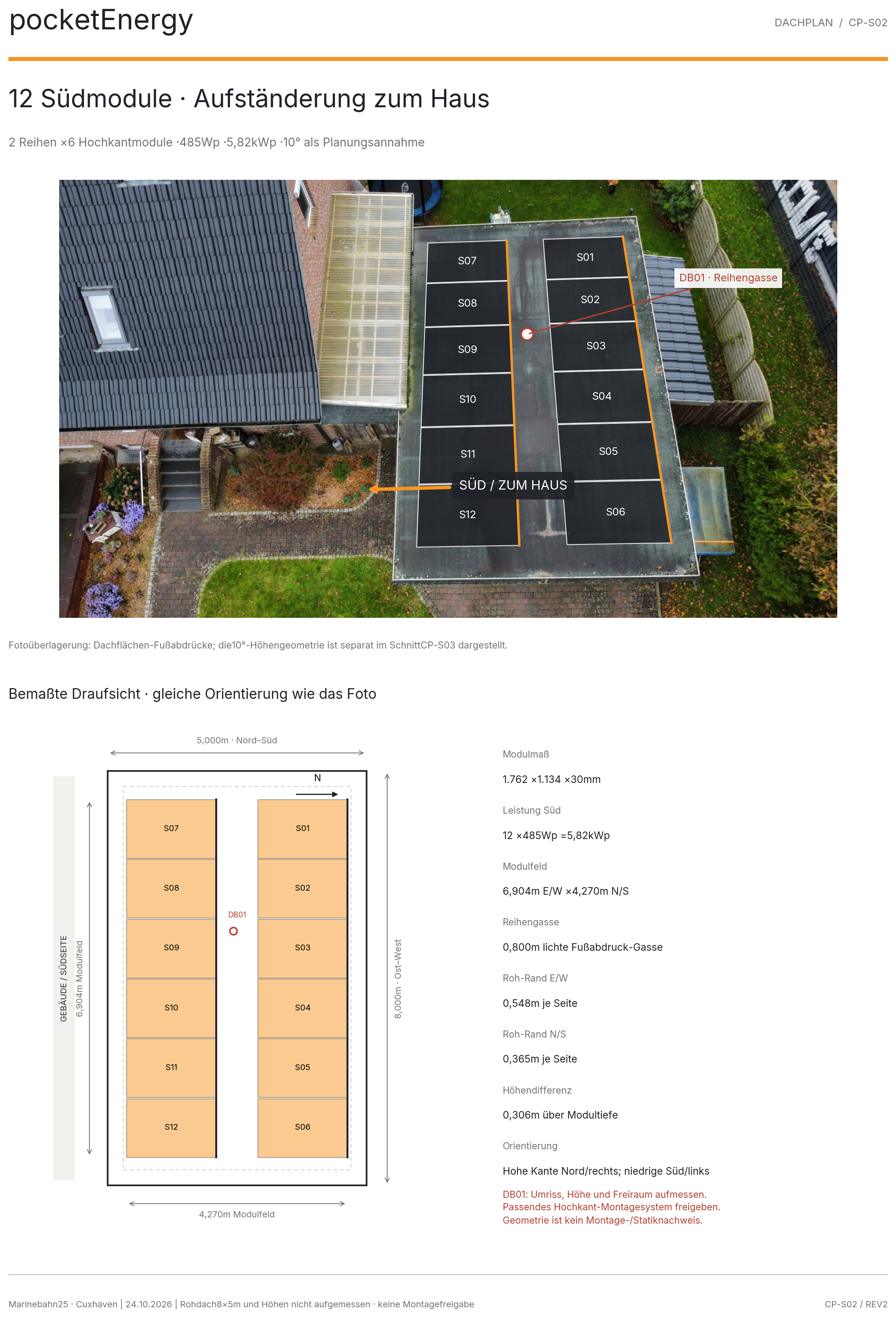 Zwölf Südmodule auf dem Carport in zwei Hochkantreihen mit niedrigem Südrand zum Wohnhaus
