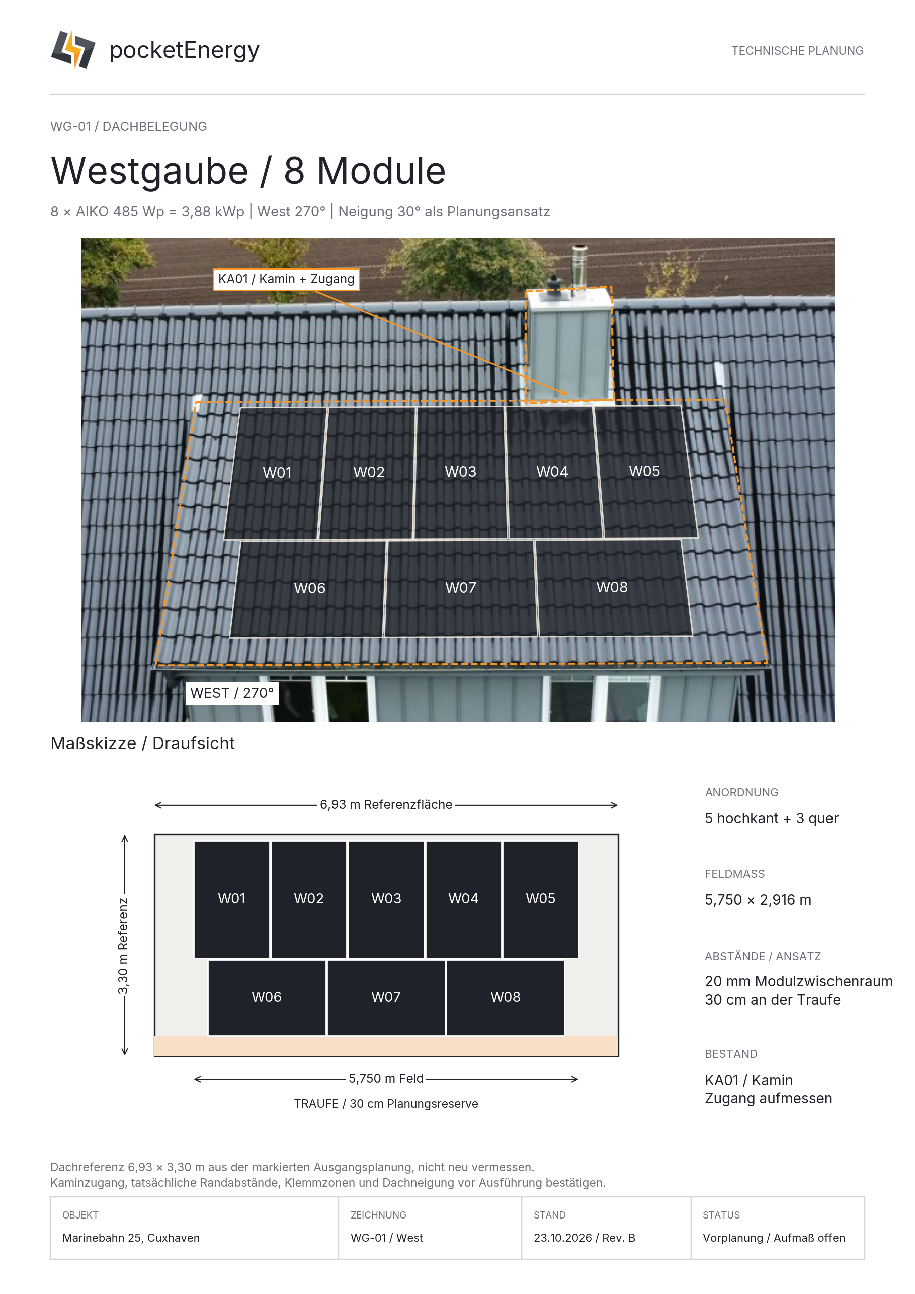Acht Westmodule auf der Gaube mit markiertem Kamin